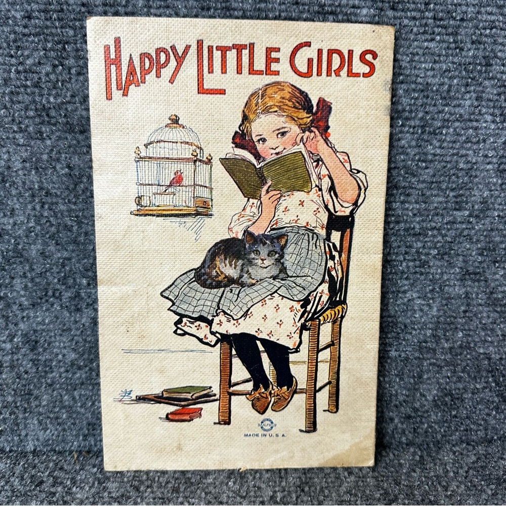 Vintage linen child’s book 1921 Happy Little Girls Linentex Saalfield USA 5.5x9 - Picture 6 of 7